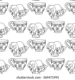 Hand-drawn illustrations. Black and white teacups. Postcard cute funny fell asleep in a cup. Seamless pattern.