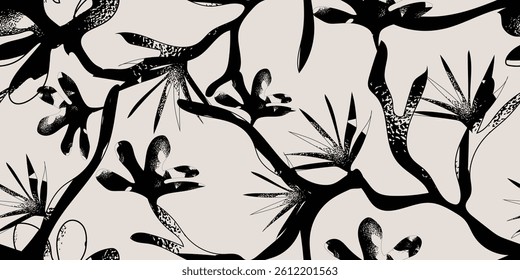 Hand-drawn illustrations with a bohemian-inspired seamless pattern, featuring wild florals, botanical foliage, and nature silhouettes. Perfect for textile applications, wallpaper, or decorative design