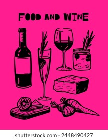 Hand-drawn Illustrations of Bottles, Qvevri, and Wine Glasses, Ideal for Wine Menus