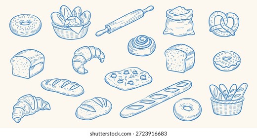 Ilustraciones dibujadas a mano de pan y postres, con un estilo de arte minimalista de línea azul y una estética cálida y reconfortante, adecuada para panaderías, empaques y diseño de Fondo de pantalla