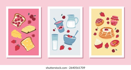 Hand-drawn illustrations for breakfast, a delicious snack. Fashionable posters with fresh dairy products, berries, and pastries. Minimalistic prints for covers, posters, banners and more.