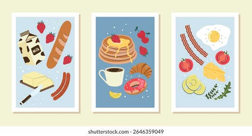 Ilustraciones dibujadas a mano para el desayuno. Carteles de moda con deliciosos productos. Impresiones minimalistas para portadas, pósters, Anuncios y más.