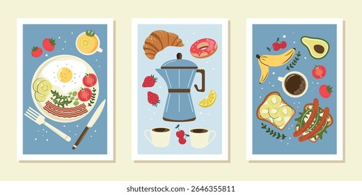  Hand-drawn illustrations for breakfast. Trendy posters with delicious breakfast, hot coffee and delicious sandwiches. Minimalistic prints for covers, posters, banners and more.