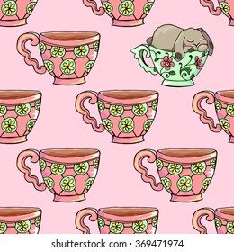 Hand-drawn illustrations. Bright teacups. Postcard cute funny fell asleep in a cup. Seamless pattern.