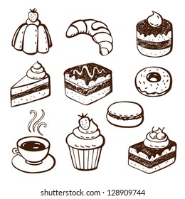 Hand-drawn illustrations of cakes and baked desserts