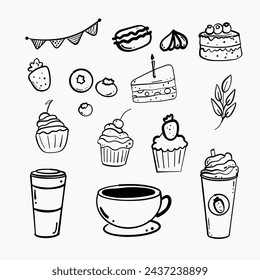 Hand-drawn illustrations of cakes, baked desserts and coffee. 