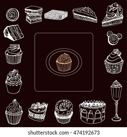 Hand-drawn illustrations of cakes and desserts. doodle set white on a black background