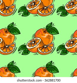 Hand-drawn illustrations. Card with fruit, oranges. Seamless pattern.