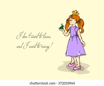 Hand-drawn illustrations. Card with a princess. Red-haired girl and a frog. I do not want to learn and want to marry.