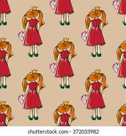 Hand-drawn illustrations. Card with a princess. Red-haired girl with a book. Why should I study? I love fashion! Seamless pattern.