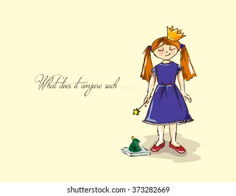 Hand-drawn illustrations. Card with a princess. Red-haired girl with a magic wand. What does it conjure such.