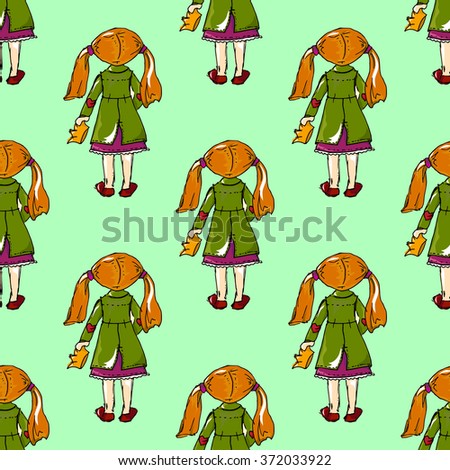 Hand-drawn illustrations. Card with a princess. Red-haired girl with a crown. What princess need to be happy? Seamless pattern.