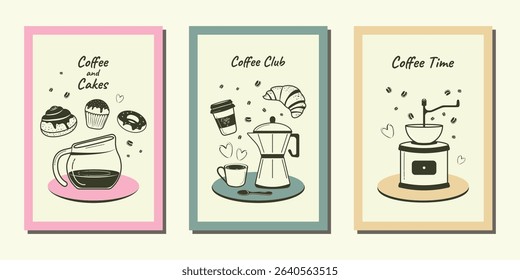 Hand-drawn illustrations for coffee and restaurants. Trendy abstract posters with coffee, cakes and coffee beans. Vector minimalistic prints for wall decor, restaurant menus, and more.