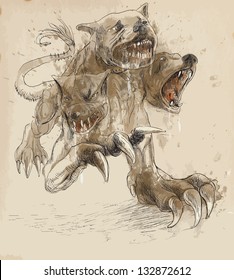 An hand-drawn illustrations (converted into vector - 4 layers) in ancient Greek myths and legends:CERBERUS (in Greek and Roman mythology is a three headed dog which guards the gates of the Underworld)