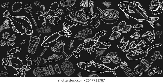 Ilustrações desenhadas à mão de caranguejo, ostra, lula e vegetais. Design de menu suportado por imagens de produto recentes.