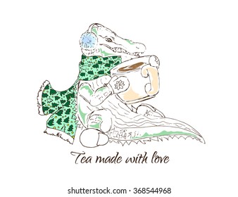 Hand-drawn illustrations. Crocodile drinking tea. Black and white postcard.