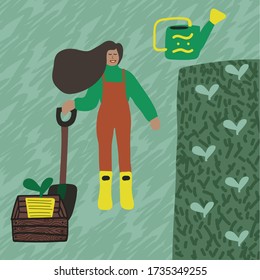 Hand-drawn illustrations, farm plant growing. Illustrations showing the planting of plants in the spring on the farm. People on a farm in boots. People in nature. Do not stay at home. Relax Unity with