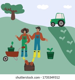 Hand-drawn illustrations, farm plant growing. Illustrations showing the planting of plants in the spring on the farm. People on a farm in boots. People in nature. Do not stay at home. Relax Unity with