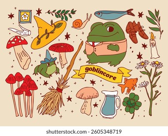 Hand-drawn illustrations in a goblincore style featuring elements of nature, frogs, fish, and more