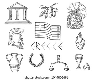 Hand-drawn illustrations of Greece. Set of Greece sketches. Greece travel collection. Vector.