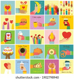 Hand-drawn illustrations of hands with cakes, and baked desserts, coffee, hearts and other in the flat style