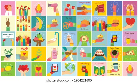 Hand-drawn illustrations of hands hold different things, such as smartphone, pizza, ice cream, donut and others in the flat style