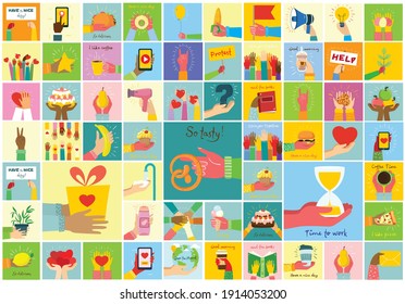 Hand-drawn illustrations of hands hold different things, such as smartphone, pizza, ice cream, donut and others in the flat style