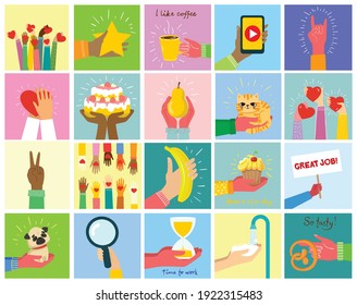 Hand-drawn illustrations of hands hold different things, such as smartphone, pizza, ice cream, donut and others in the flat style