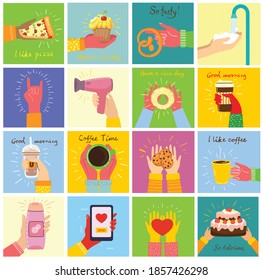 Hand-drawn illustrations of hands holddifferent things, such as smartphone, pizza, ice cream, donut and othersin the flat style