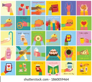 Hand-drawn illustrations of hands holddifferent things, such as smartphone, pizza, ice cream, donut and othersin the flat style