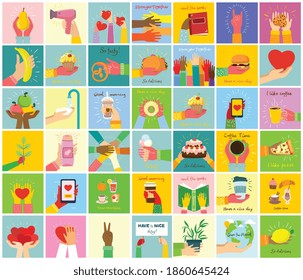Hand-drawn illustrations of hands holddifferent things, such as smartphone, pizza, ice cream, donut and othersin the flat style