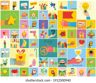 Hand-drawn illustrations of hands holddifferent things, such as smartphone, pizza, ice cream, donut and others in the flat style