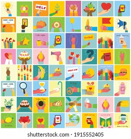 Hand-drawn illustrations of hands holddifferent things, such as smartphone, pizza, ice cream, donut and others in the flat style