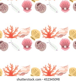 Hand-drawn illustrations. Image with seashells, coral and marine inhabitants. Seamless pattern.