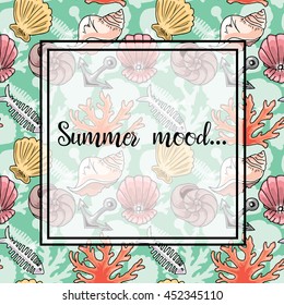 Hand-drawn illustrations. Image with seashells, coral and marine inhabitants. Postcard, summer mood. Seamless pattern.