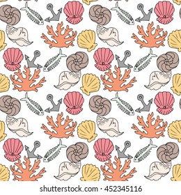 Hand-drawn illustrations. Image with seashells, coral and marine inhabitants on the white background. Seamless pattern.
