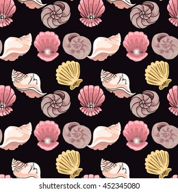 Hand-drawn illustrations. Image with seashells on the depth of the sea.Seamless pattern.