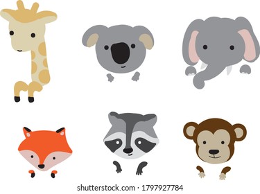 The hand-drawn illustrations include raccoons, foxes, monkeys, elephants, koalas, and giraffes.