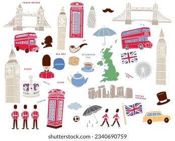 Hand-drawn illustrations from London, England.Art, Big Ben, London Bus, Bridge, Queen and Afternoon Tea.