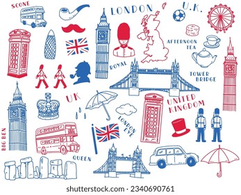 Hand-drawn illustrations from London, England.Art, Big Ben, London Bus, Bridge, Queen and Afternoon Tea.