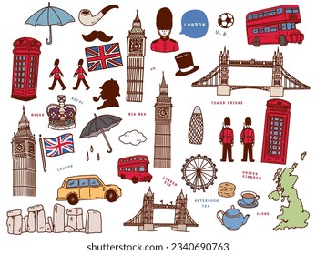 Hand-drawn illustrations from London, England.Art, Big Ben, London Bus, Bridge, Queen and Afternoon Tea.