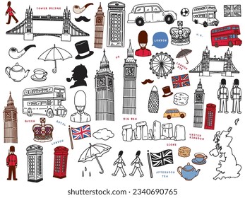 Hand-drawn illustrations from London, England.Art, Big Ben, London Bus, Bridge, Queen and Afternoon Tea.