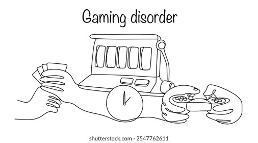 Hand-drawn illustrations of the main types of gaming disorders. Addiction to card games, slot machines and computer games. Behavior that is characterized by loss of control over gambling. Vector.