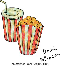 Hand-drawn illustrations of movie theater popcorn and drinks