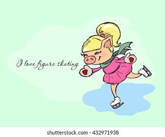 Hand-drawn illustrations. New Year card. Winter card of figure skating. Girl pig on skates.