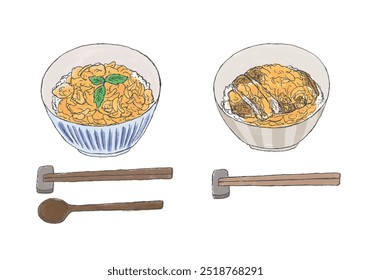 Hand-drawn illustrations of oyakodon and katsudon