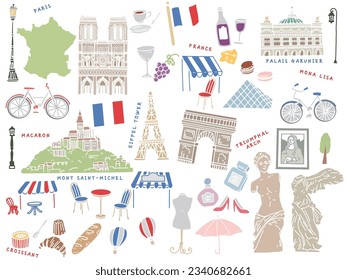 Ilustraciones hechas a mano de París, Francia.Art, Torre Eiffel, Moda y Croissant.	