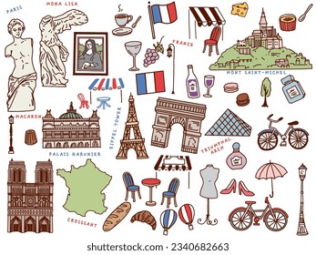 Hand-drawn illustrations from Paris, France.Art, Eiffel Tower, Fashion and Croissant.	