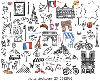 Hand-drawn illustrations from Paris, France.Art, Eiffel Tower, Fashion and Croissant.	