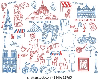 Hand-drawn illustrations from Paris, France.Art, Eiffel Tower, Fashion and Croissant.	